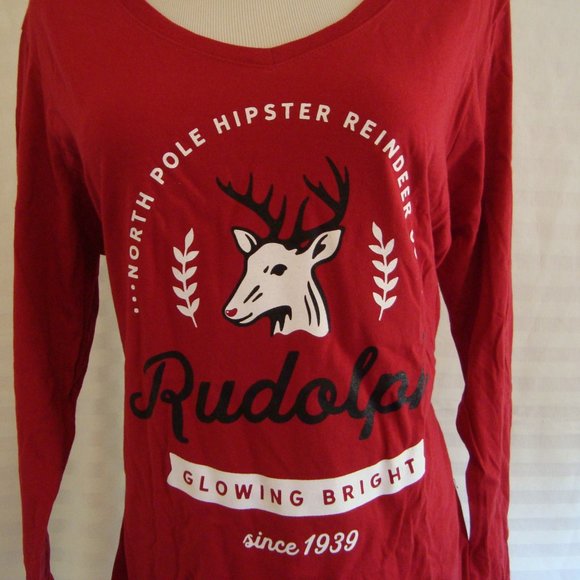 New Port And Company Rudolph Long Sleeve V- Neck Graphic T-Shir tRed Size 3XL - Picture 2 of 4
